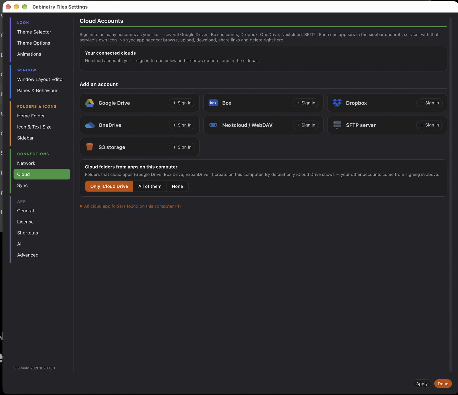 Cabinetry Files Cloud Accounts — sign in to Google Drive, Box, Dropbox, OneDrive, Nextcloud, SFTP and S3