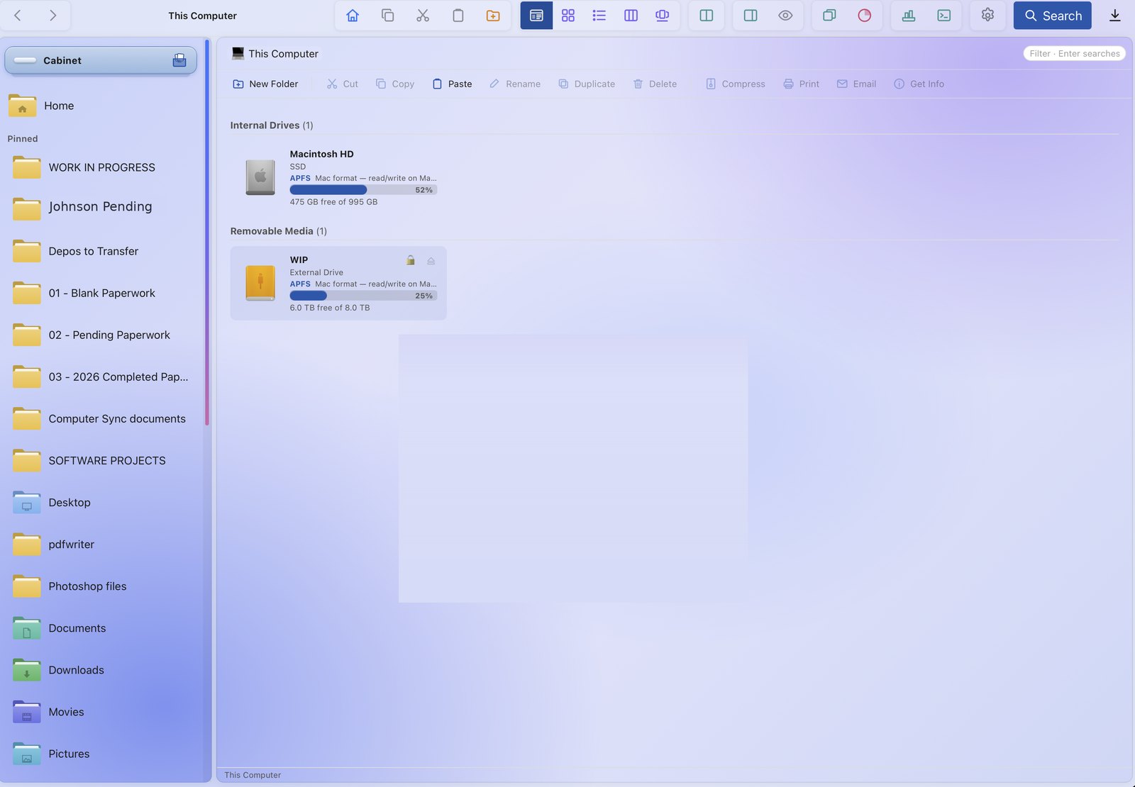 Cabinetry Files in a light theme — the same window with a toolbar of actions and a lavender glass look