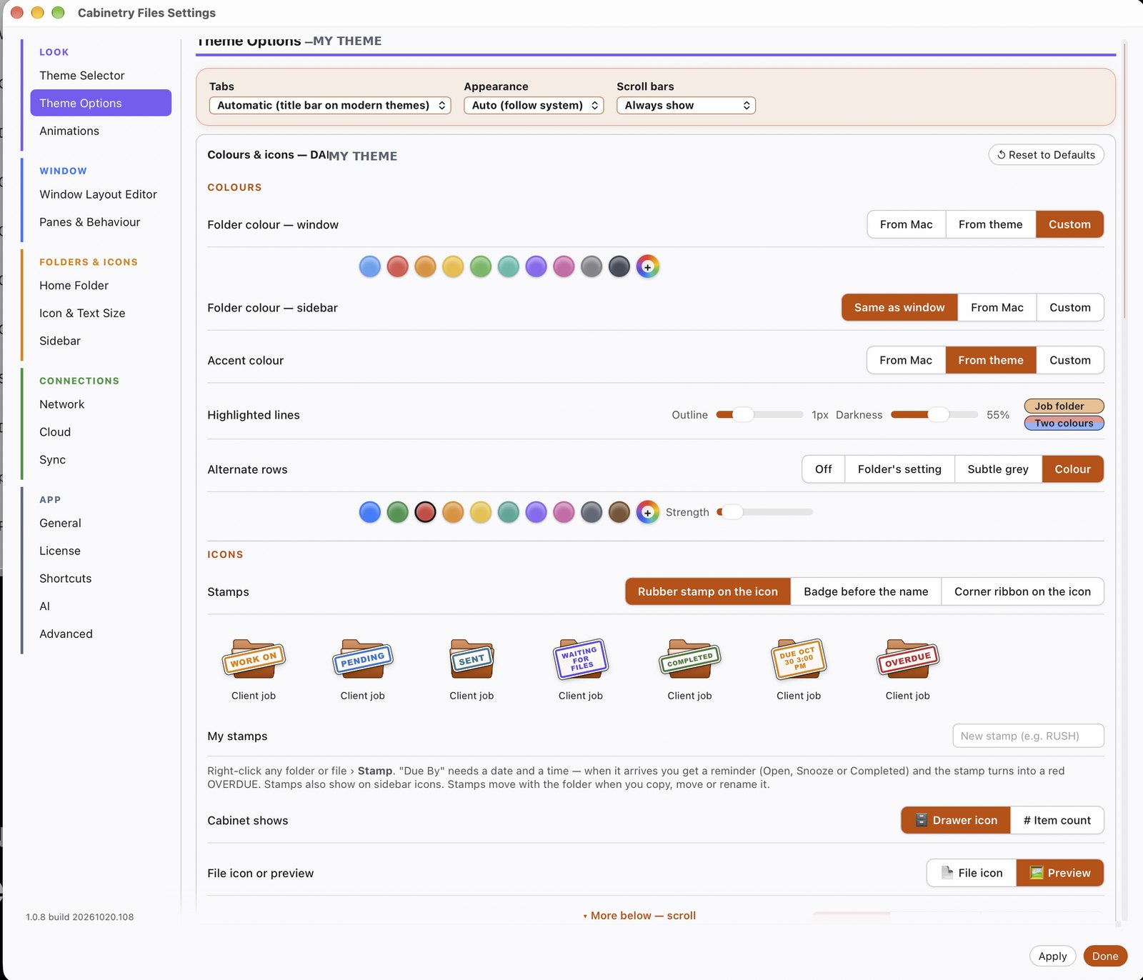 Cabinetry Files Theme Options — folder colours, accent, alternate rows, and folder stamps like WORK ON, PENDING, SENT, DUE BY and OVERDUE