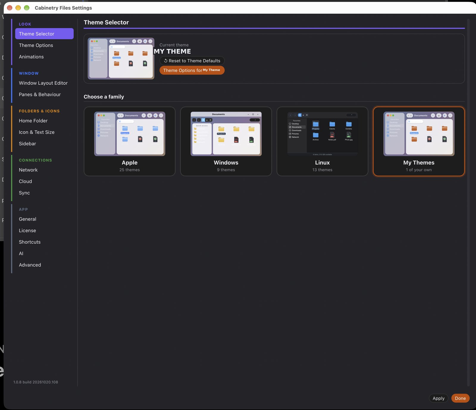 Cabinetry Files Theme Selector — choose a family: Apple (25 themes), Windows (9), Linux (13), and My Themes