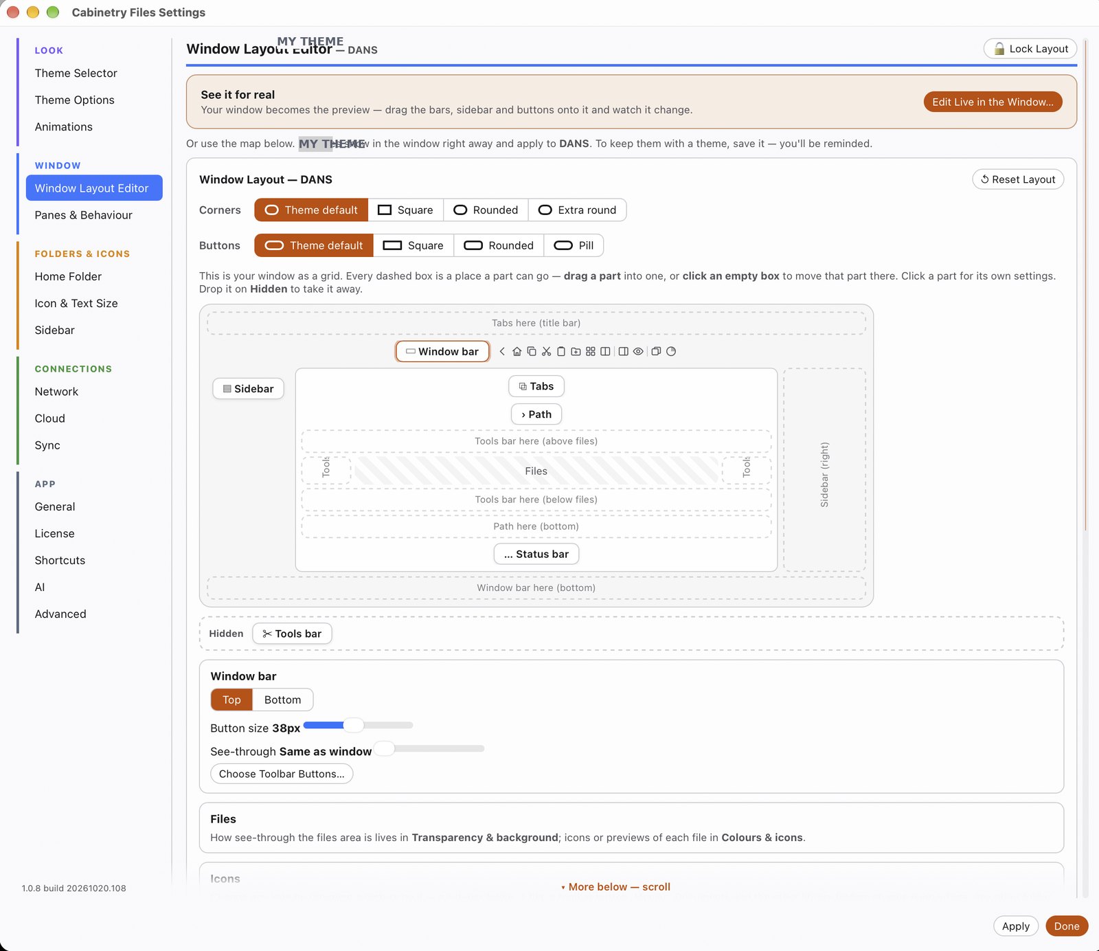 Cabinetry Files Window Layout Editor — drag bars, sidebar and buttons onto a grid to rearrange the window