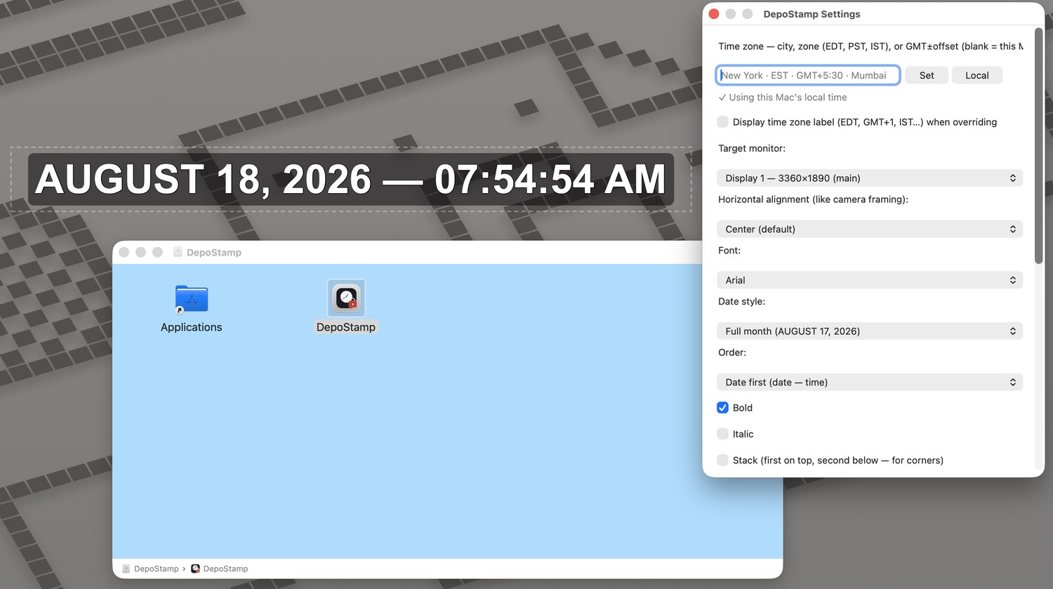 DepoStamp on macOS: drag-to-Applications installer, the live stamp on screen, and the Settings window with time zone, monitor, alignment, font and date options