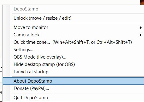 DepoStamp tray menu showing OBS Mode (live overlay), Hide desktop stamp for OBS, quick time zone, and more
