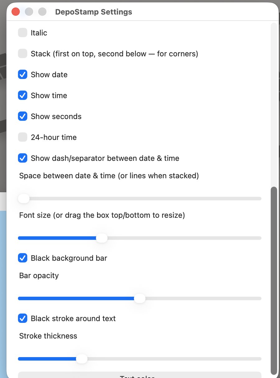 DepoStamp Settings window showing show date/time/seconds, 24-hour toggle, separator, spacing, font size, black background bar with opacity, and text stroke controls