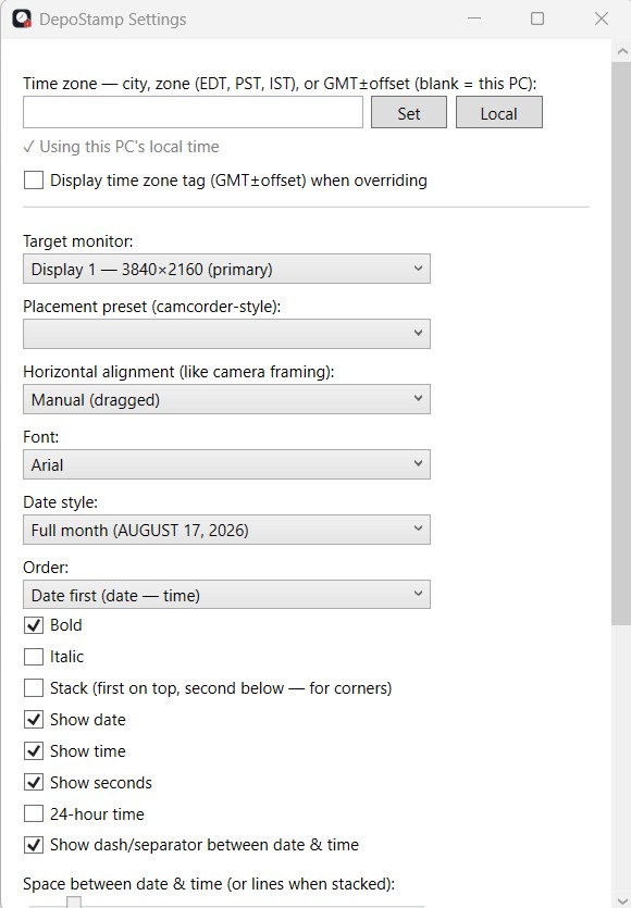 DepoStamp Settings — time zone, target monitor, placement preset, alignment, font, date style and order