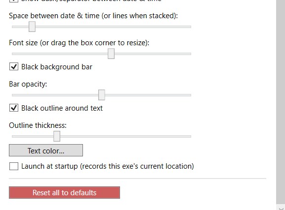 DepoStamp Settings — black background bar and opacity, black outline and thickness, text color, launch at startup, and reset to defaults