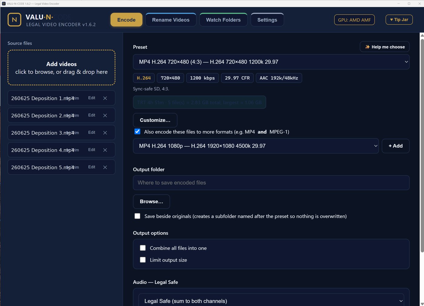 VALU-N-CODE encode options — preset, multi-format output, trim, output folder and legal-safe audio