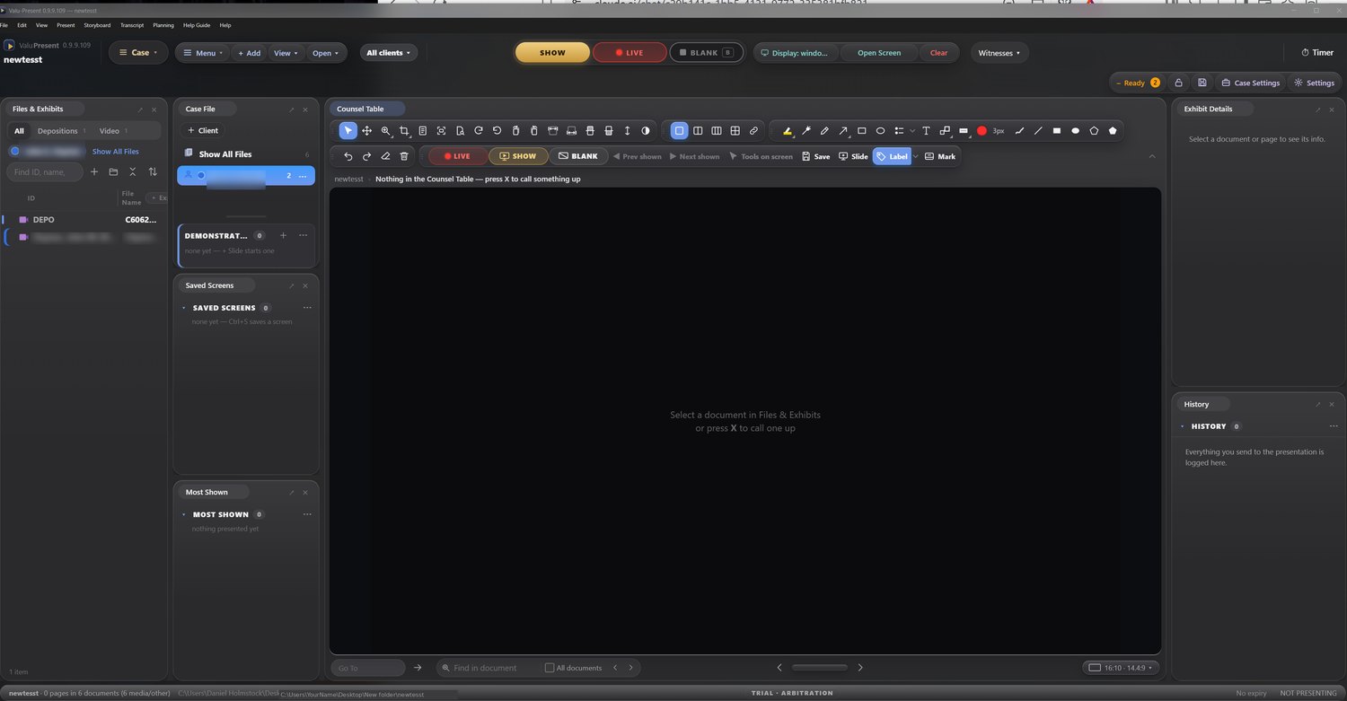 VALU-PRESENT exhibit and trial presentation workspace