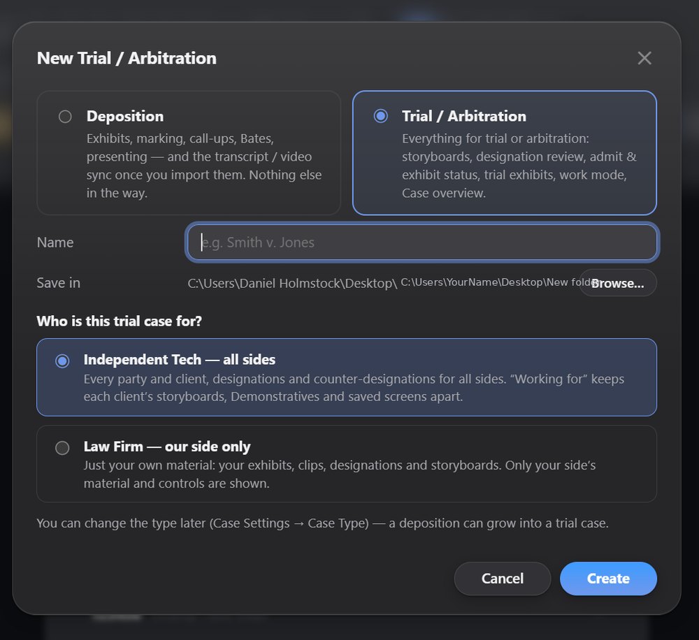 VALU-PRESENT new case dialog: choose Deposition or Trial/Arbitration, name the case, and pick a work mode