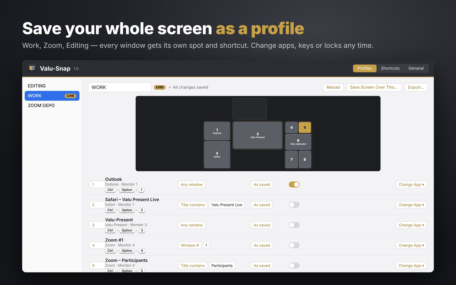 Valu-Snap profile editor with the layout map and keyboard shortcuts
