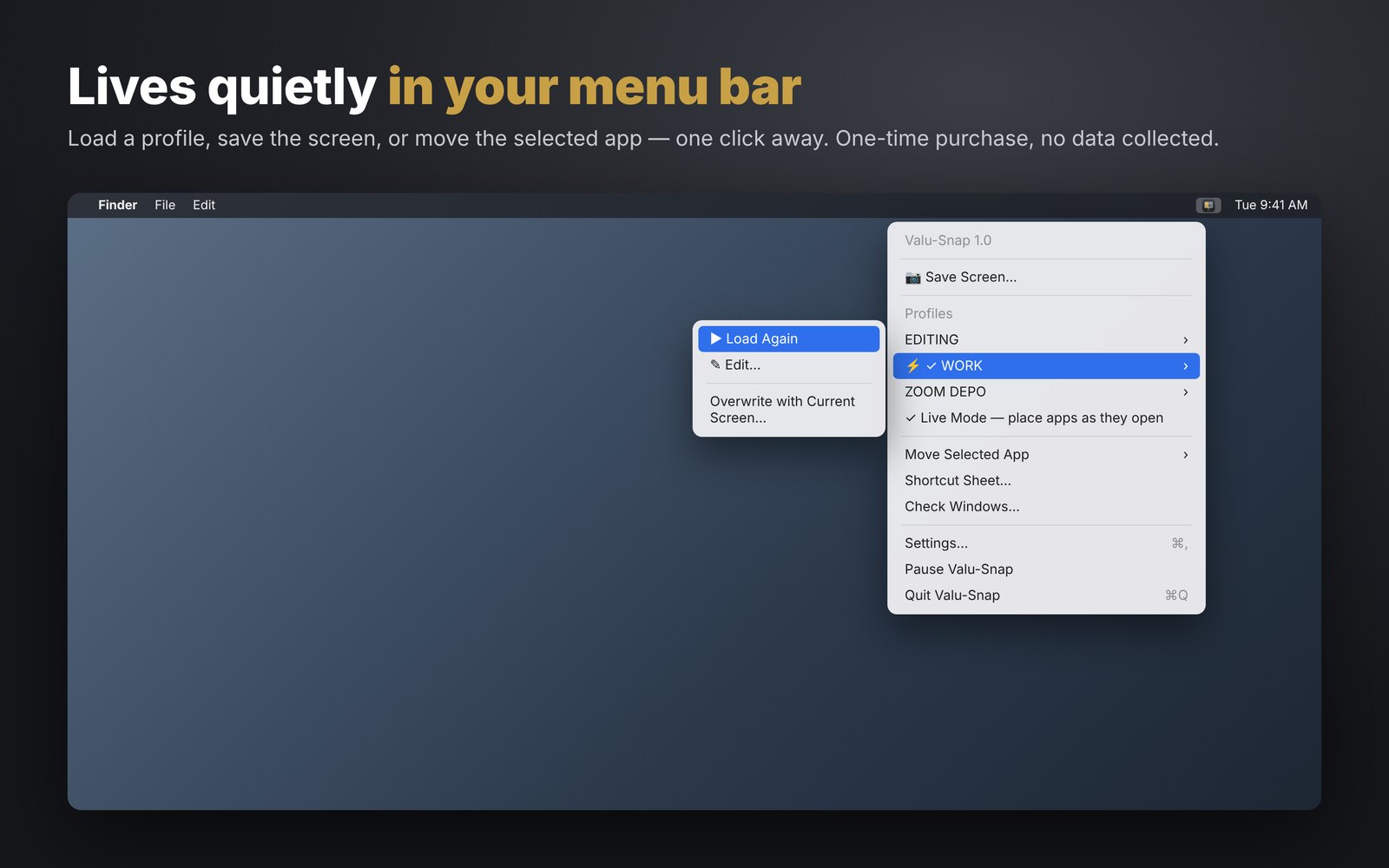 Valu-Snap menu bar menu