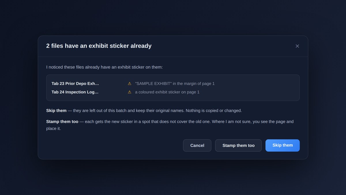 Valu-Stamp dialog — two files already have an exhibit sticker, with options to skip them or stamp them too