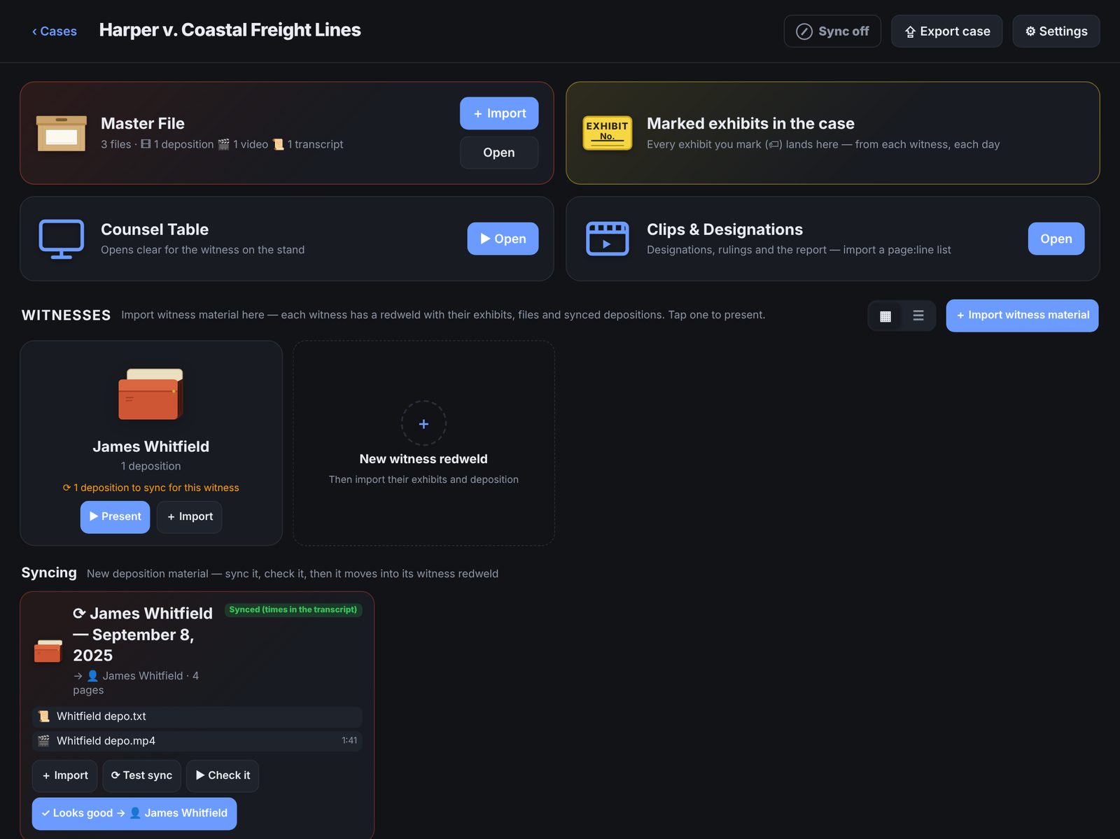 Syncing card for a new deposition with Test sync, Check it and Looks good buttons