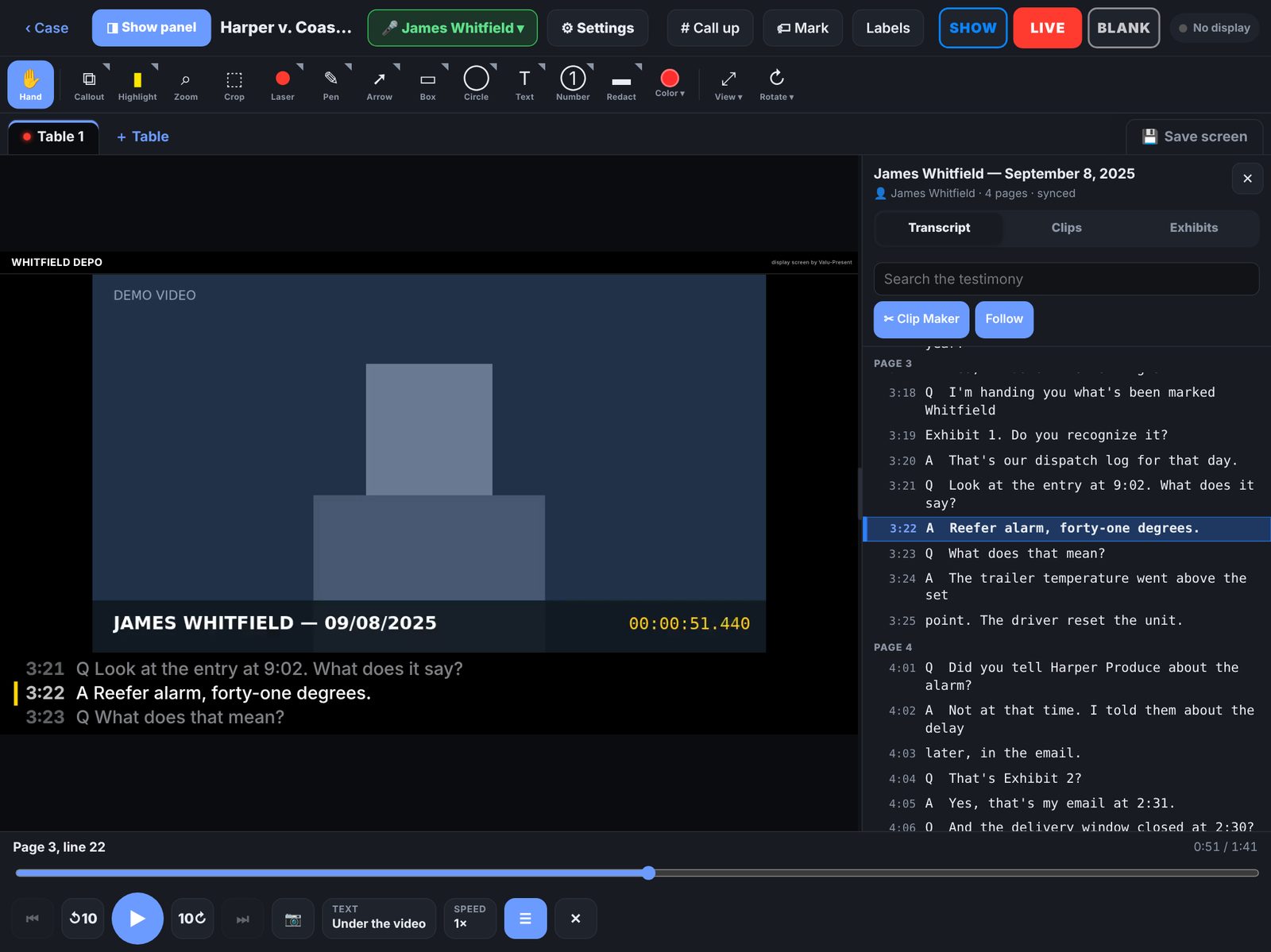 Synced deposition video with the testimony under the picture and the transcript panel