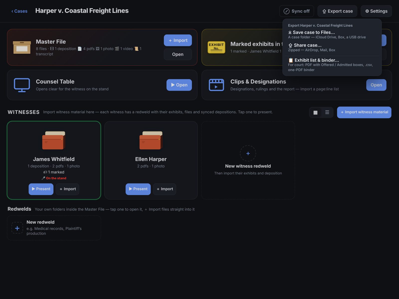 Export menu with Save case, Share case, and Exhibit list and binder
