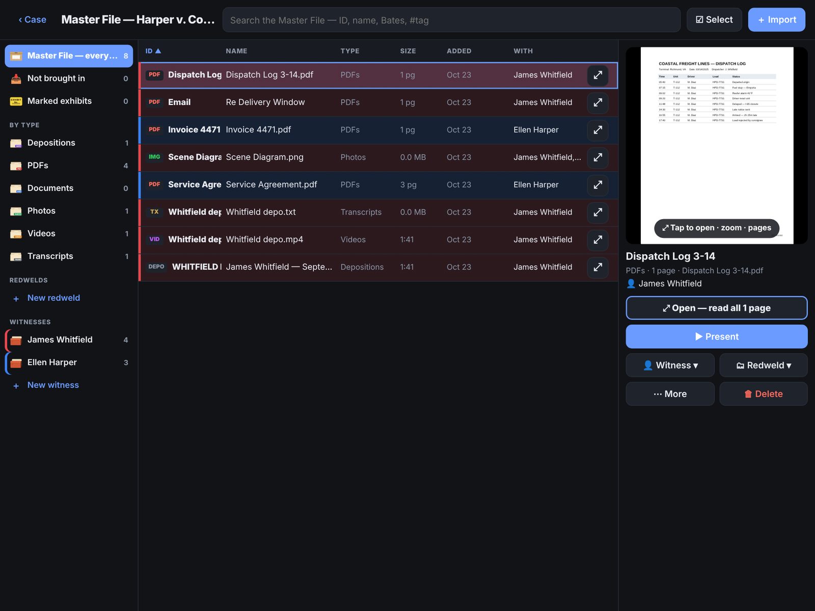 Master File list with type folders on the left, witness colors and a preview on the right