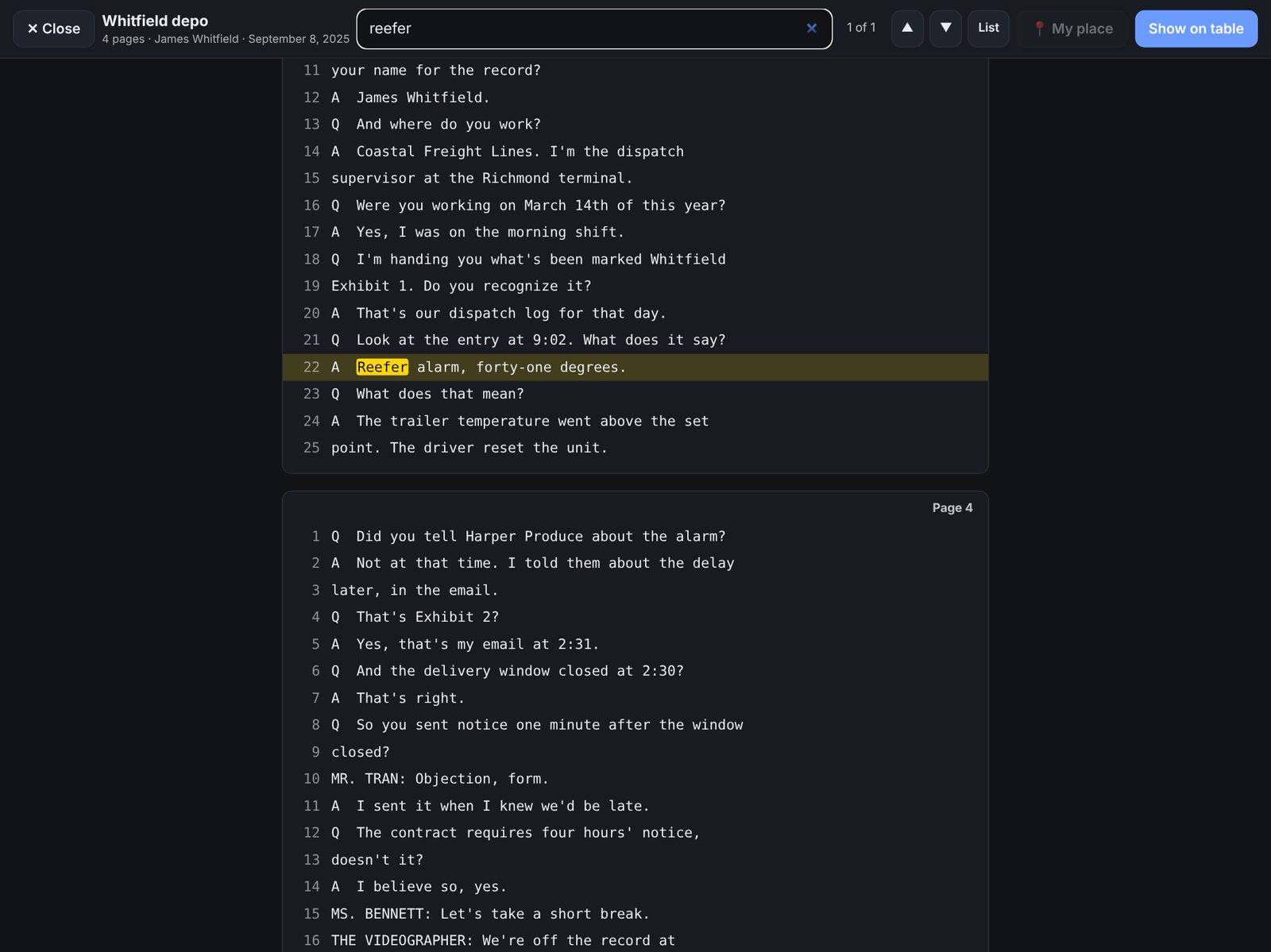 Transcript reader with a search hit highlighted