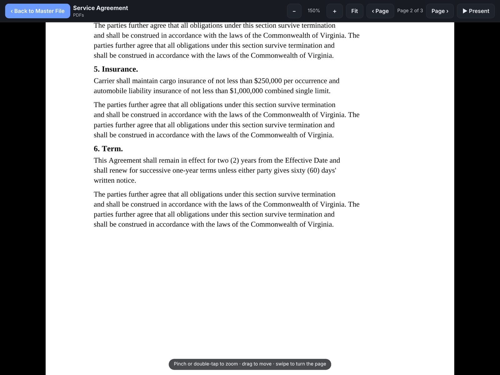 Review window zoomed into page 2 of a service agreement