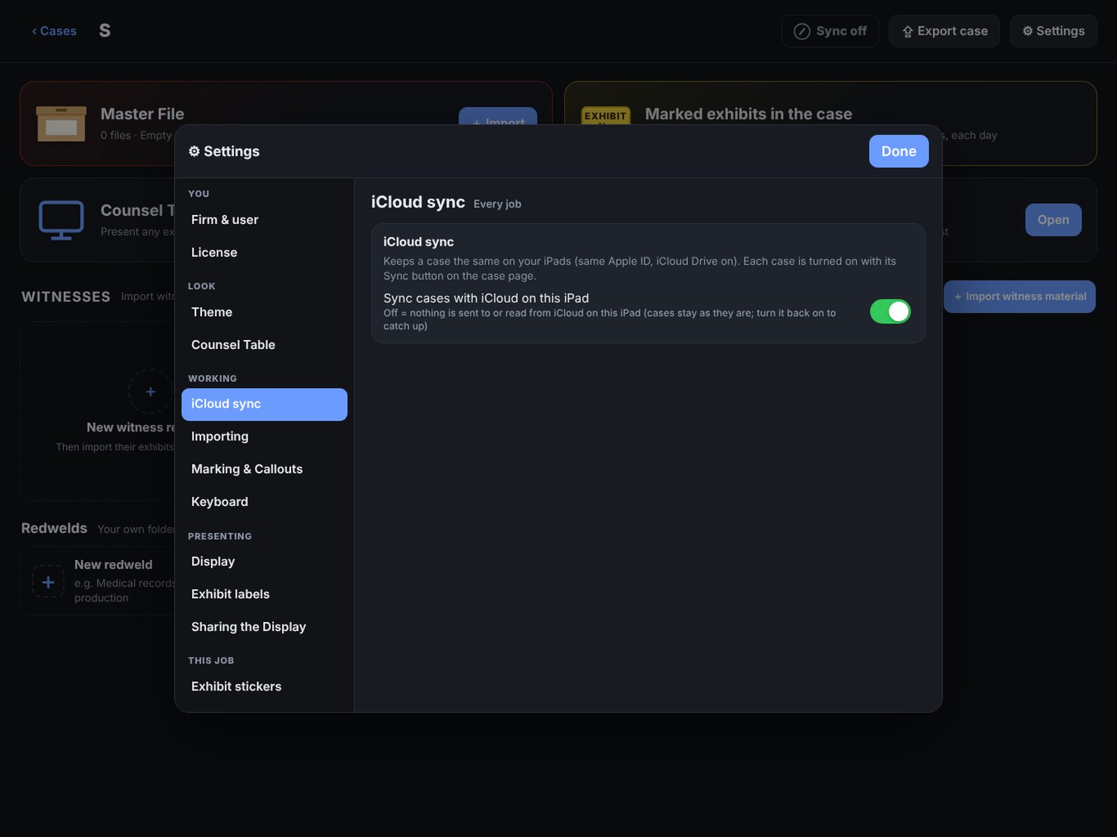 Settings, iCloud sync page with the Sync cases with iCloud switch
