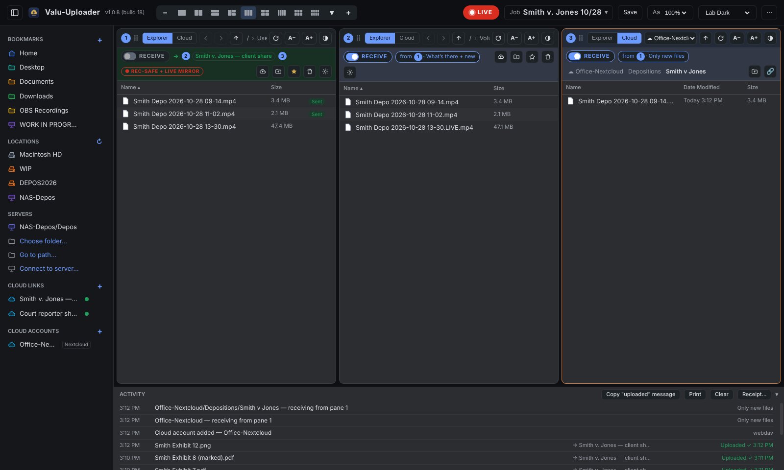 A Nextcloud account in a pane, receiving recordings