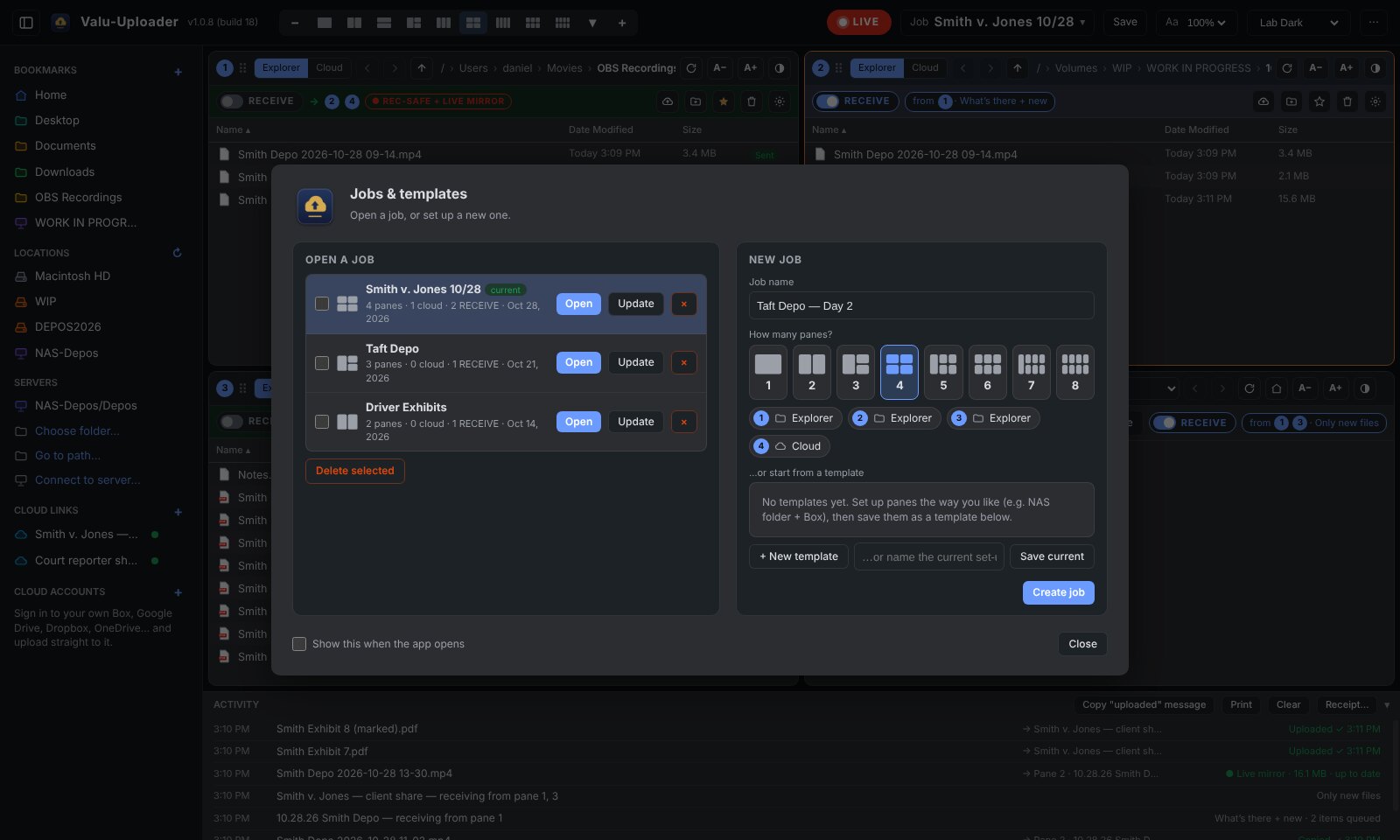 Jobs and templates screen