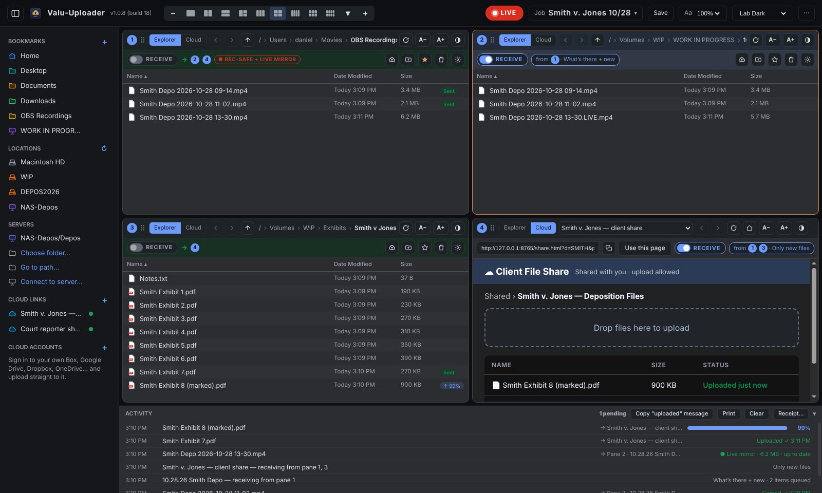 Valu-Uploader delivering recordings and exhibits to a NAS and a client share link