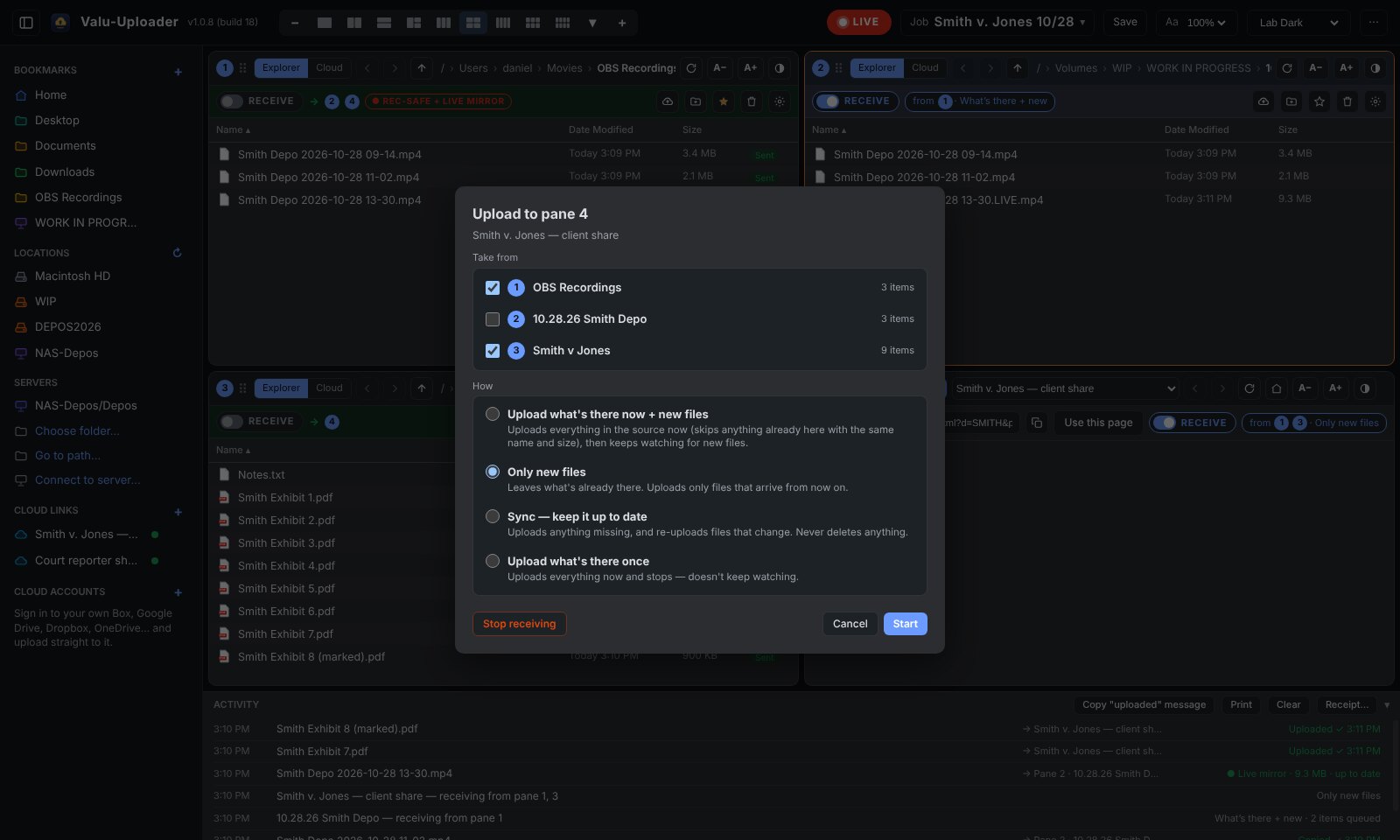 RECEIVE dialog: choose source panes and how